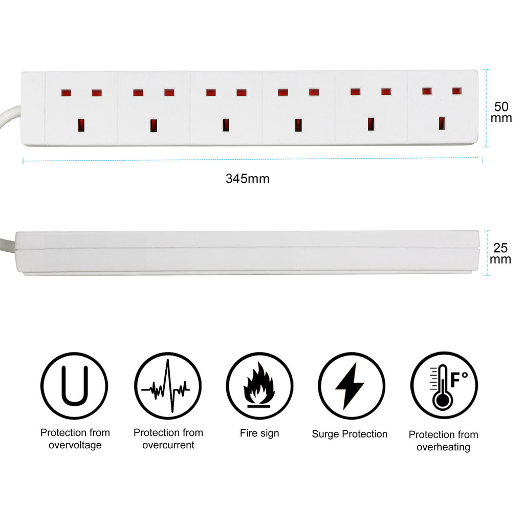 Extension Lead Cable Electric Plug Socket UK Mains Power 2 4 6 8 Gang Way Black