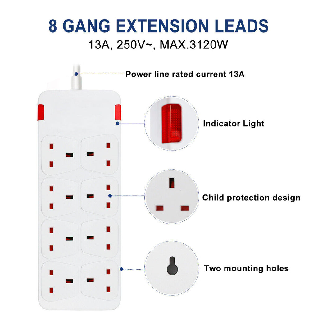Extension Lead Cable Electric Plug Socket UK Mains Power 2 4 6 8 Gang Way Black